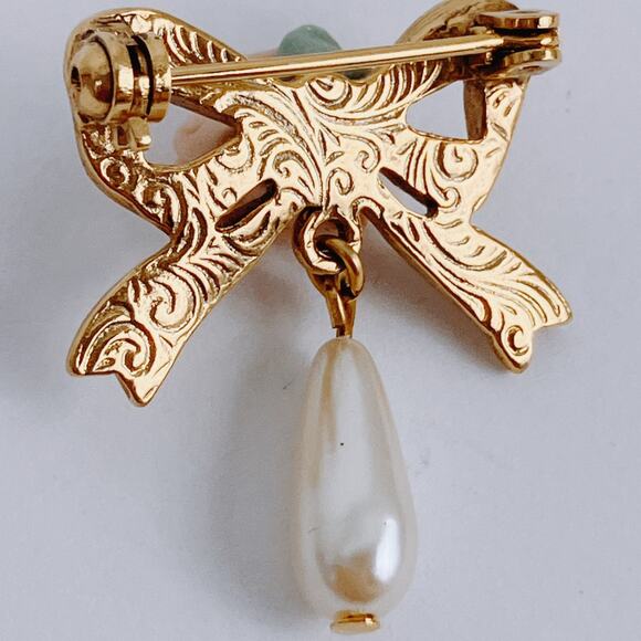 VTG 50s 60s Porcelain Rose Bow Brooch Faux Pearl Drop Mid Century Gold Tone Pin - Picture 7 of 8